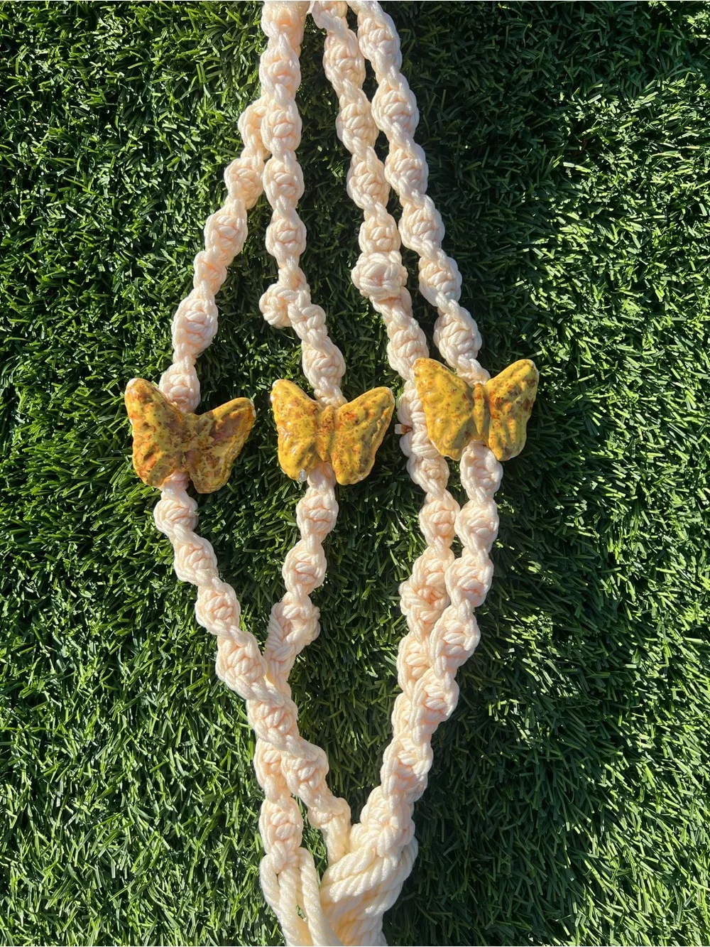 Source Unknown Cream Macramé Plant Hanger with Gold Bead Accents